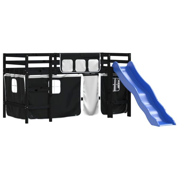 vidaXL Kinderhochbett mit Vorhängen Weiß Schwarz 90x190 cm Kiefernholz