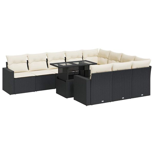 vidaXL 11-tlg. Garten-Sofagarnitur mit Kissen Schwarz Poly Rattan