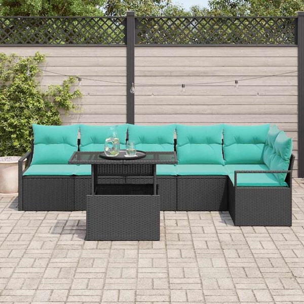 vidaXL Gartensofa-set mit Speicher 7 pcs Schwarz und Blau Poly-Rattan