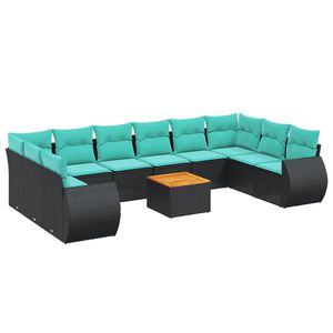 vidaXL 11-teiliges Gartensofa-Set mit Kissen, schwarzes Polyrattan
