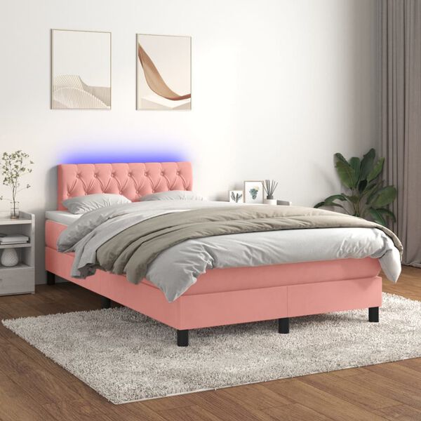 vidaXL Boxspringbett mit Matratze & LED Rosa 120x200 cm Samt