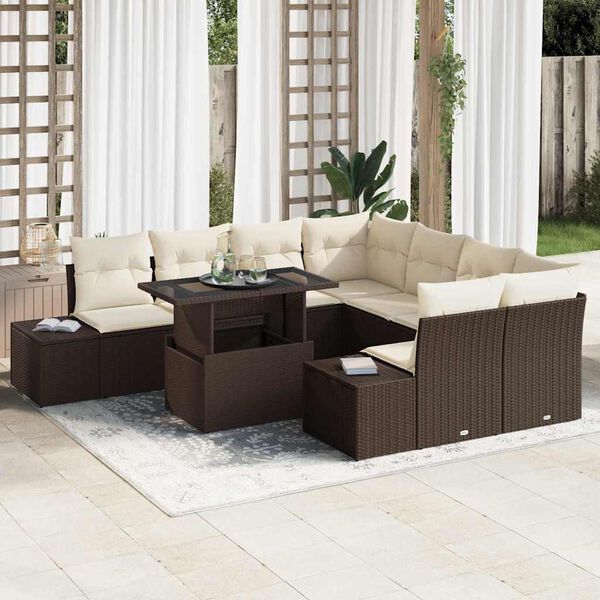 vidaXL Gartensofa-set mit Kissen 9 pcs Braun und Creme Poly-Rattan