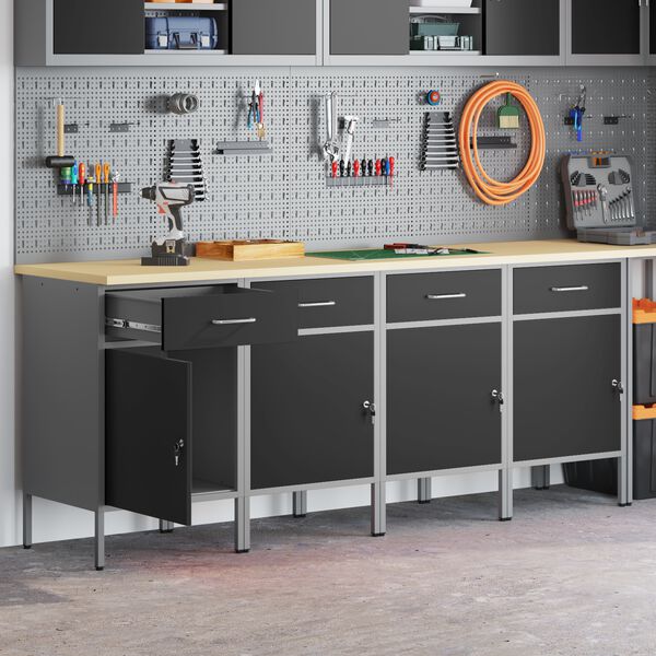 vidaXL Werkbank mit Schubladen 4 pcs Schwarz und Grau 200 x 55 x 85 cm