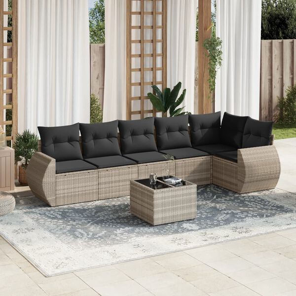 vidaXL 7-tlg. Garten-Sofagarnitur mit Kissen Hellgrau Poly Rattan