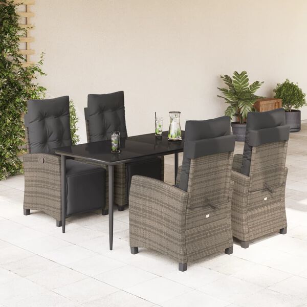 vidaXL 5-tlg. Garten-Essgruppe mit Kissen Grau Poly Rattan