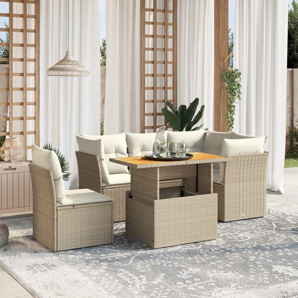 vidaXL 5-tlg. Garten-Sofagarnitur mit Kissen Beige Poly Rattan