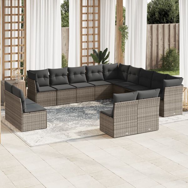 vidaXL 12-tlg. Garten-Sofagarnitur mit Kissen Grau Poly Rattan