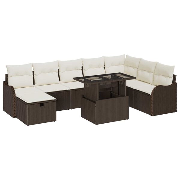 vidaXL Garten-Sofa-Set mit Kissen mit Speicher 9 pcs Braun Poly Rattan