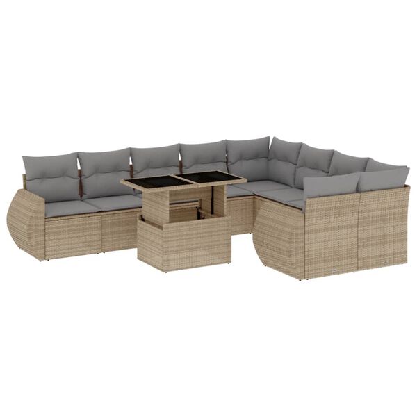 vidaXL 10-tlg. Garten-Sofagarnitur mit Kissen Beige Poly Rattan