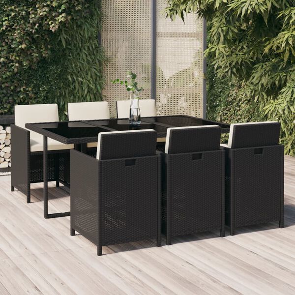 vidaXL 7-tlg. Garten-Essgruppe mit Kissen Poly Rattan Schwarz