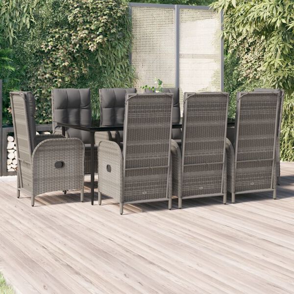 vidaXL 9-tlg. Garten-Essgruppe mit Kissen Schwarz und Grau Poly Rattan