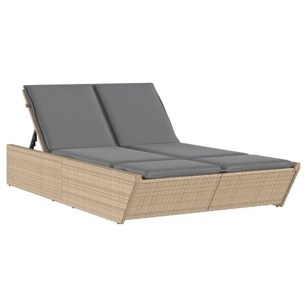 vidaXL Doppel-Sonnenliege mit Auflagen Beige Poly Rattan