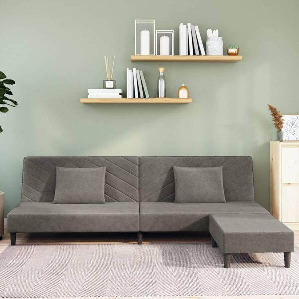 vidaXL Schlafsofa 2-Sitzer mit 2 Kissen und Fu&szlig;hocker Hellgrau Samt