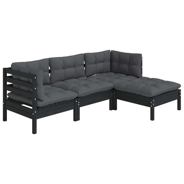 vidaXL 4-tlg. Garten-Lounge-Set mit Kissen Schwarz Kiefernholz