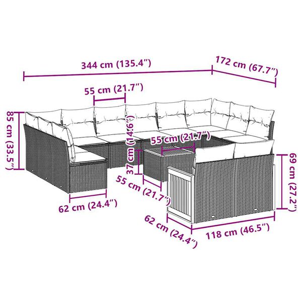vidaXL 13-tlg. Garten-Sofagarnitur mit Kissen Schwarz Poly Rattan