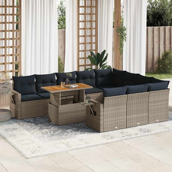 vidaXL 11-tlg. Garten-Sofagarnitur mit Kissen Grau Poly Rattan