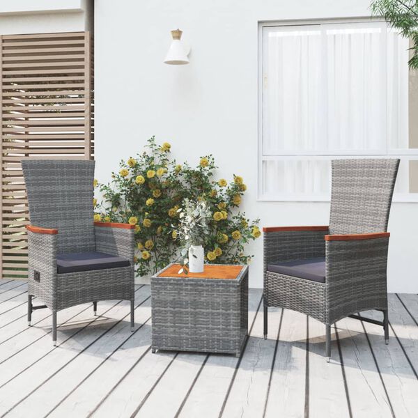 vidaXL 3-tlg. Garten-Lounge-Set Grau Poly Rattan & Massivholz Akazie