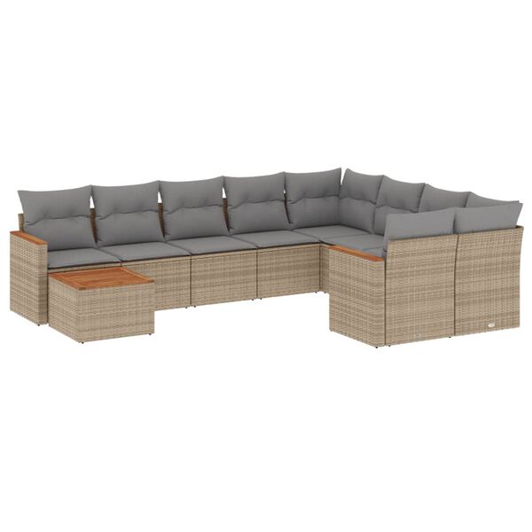 vidaXL 10-tlg. Garten-Sofagarnitur mit Kissen Beige Poly Rattan