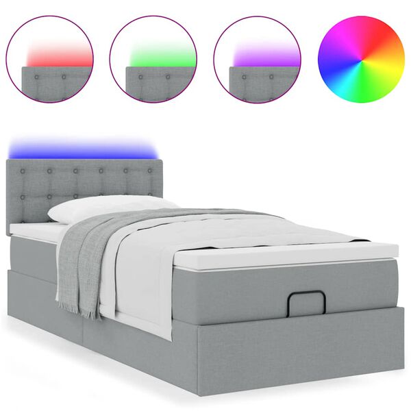 vidaXL Ottoman-Bett mit Matratze & LEDs Hellgrau 90x190 cm Stoff