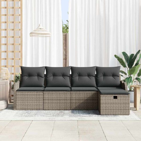 vidaXL Garten-Sofa-Set mit Kissen mit Speicher 5 pcs Grau Poly Rattan