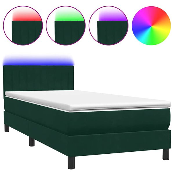 vidaXL Boxspringbett mit Matratze & LED Dunkelgr&uuml;n 90x220 cm Samt
