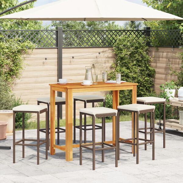vidaXL 7-tlg. Gartenbar-Set Braun Massivholz Akazie und Poly Rattan