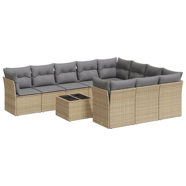 vidaXL 11-tlg. Garten-Sofagarnitur mit Kissen Beige Poly Rattan