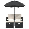 vidaXL Gartensofa 2-Sitzer Sonnenschirm und Hocker Schwarz Poly-Rattan