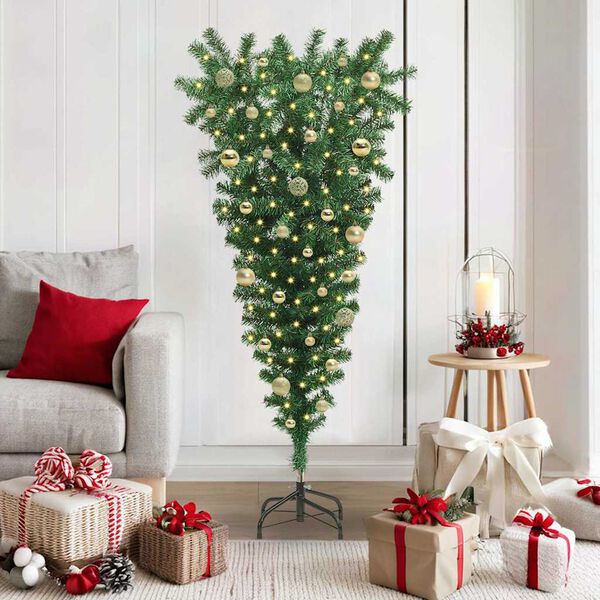 vidaXL Umgedrehter Kunst Weihnachtsbaum mit Kugelset Gr&uuml;n 150 cm PVC