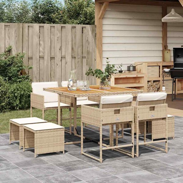 vidaXL 9-tlg. Garten-Essgruppe mit Kissen Beige Poly Rattan