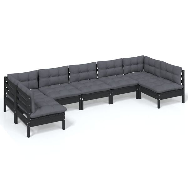 vidaXL 7-tlg. Garten-Lounge-Set mit Kissen Schwarz Massivholz Kiefer