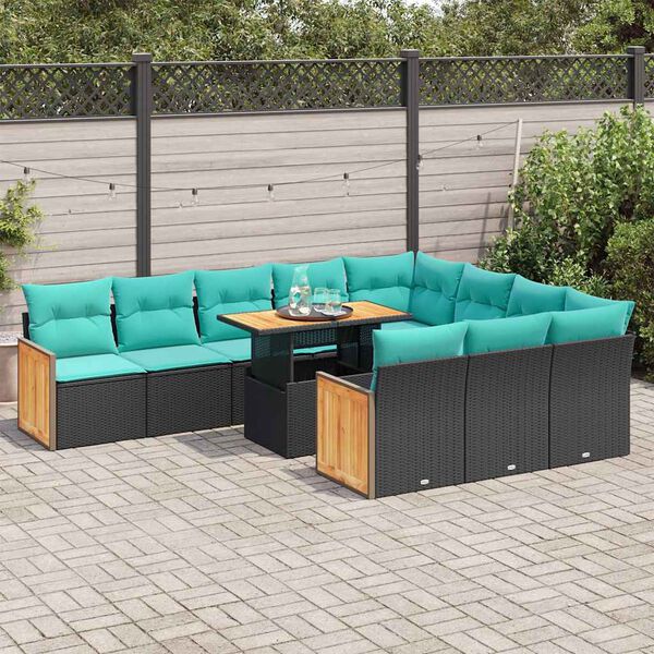 vidaXL 11-tlg. Garten-Sofagarnitur mit Kissen Schwarz Poly Rattan