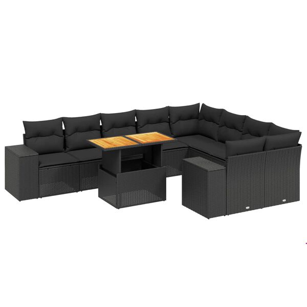 vidaXL 10-tlg. Garten-Sofagarnitur mit Kissen Schwarz Poly Rattan
