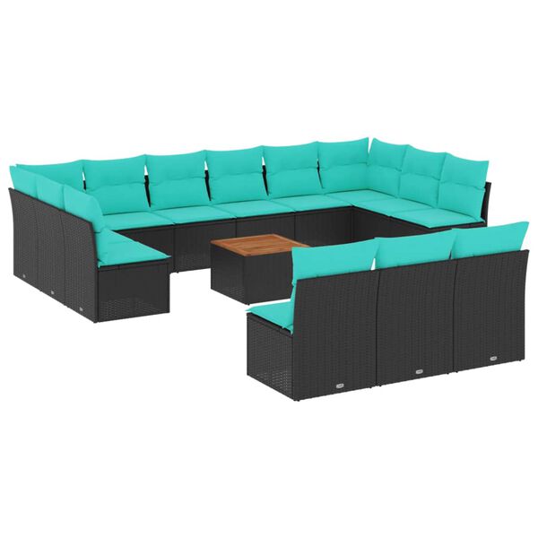 vidaXL 14-tlg. Garten-Sofagarnitur mit Kissen Schwarz Poly Rattan