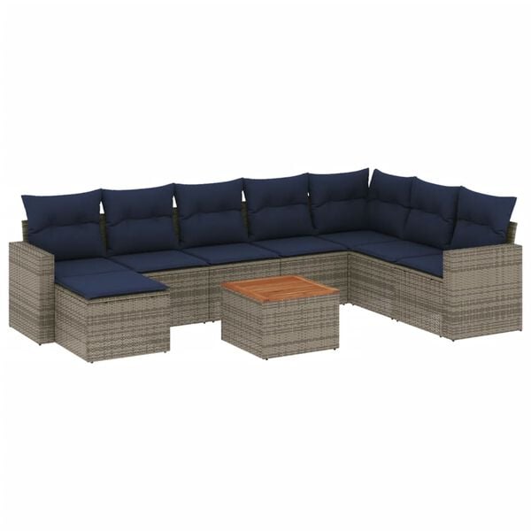 vidaXL 9-teiliges Gartensofa-Set mit Kissen, grau, Polyrattan