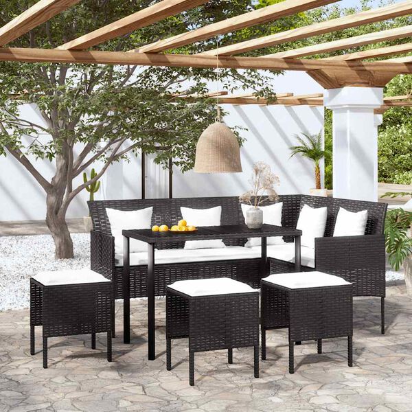 vidaXL 5-tlg. Sofagarnitur in L-Form mit Kissen Poly Rattan Schwarz
