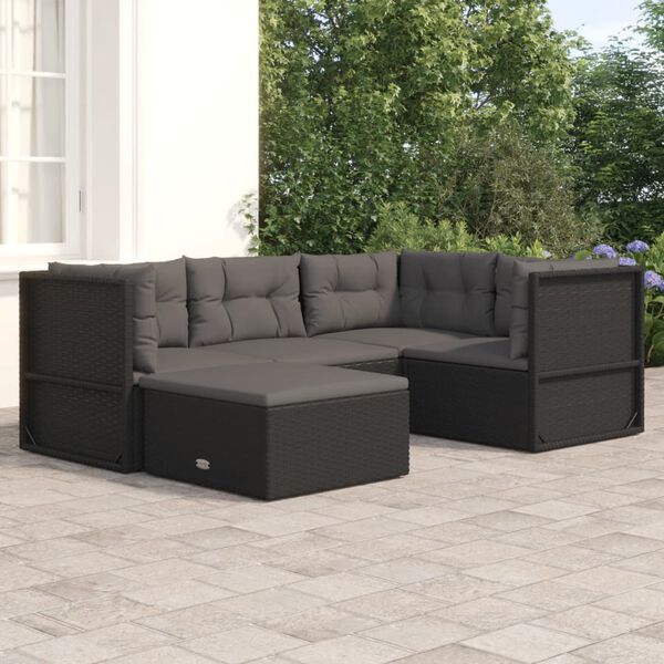 vidaXL 5-tlg. Garten-Lounge-Set mit Kissen Schwarz Poly Rattan