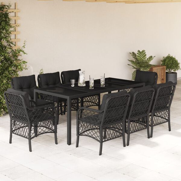 vidaXL 9-tlg. Garten-Essgruppe mit Kissen Schwarz Poly Rattan