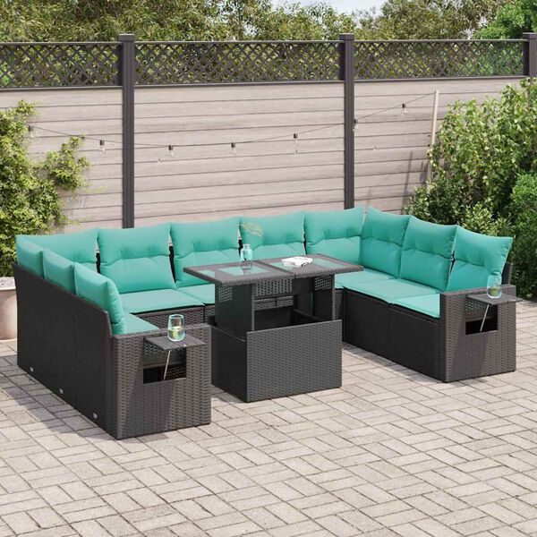 vidaXL 10-tlg. Garten-Sofagarnitur mit Kissen Schwarz Poly Rattan