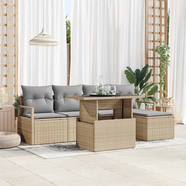 vidaXL Garten-Sofa-Set mit Kissen 6 pcs Beige und Hellgrau Poly-Rattan