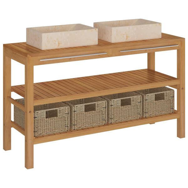 vidaXL Waschtisch Massivholz Teak mit Waschbecken Marmor Creme