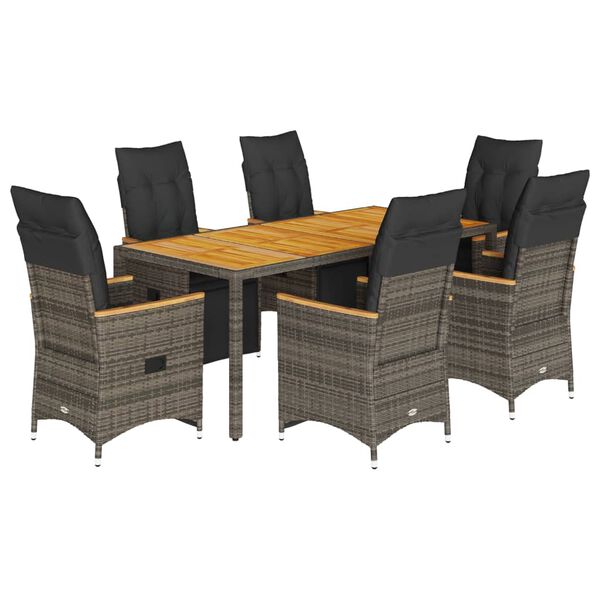 vidaXL 7-tlg. Garten-Bistro-Set mit Kissen Grau Poly Rattan