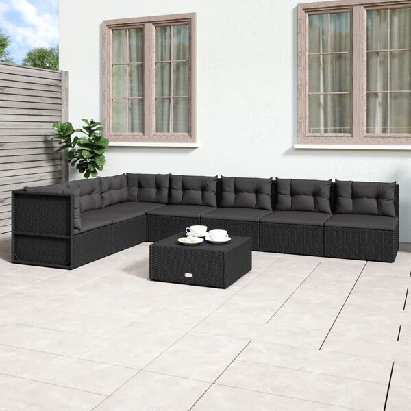 vidaXL 7-tlg. Garten-Lounge-Set mit Kissen Schwarz Poly Rattan