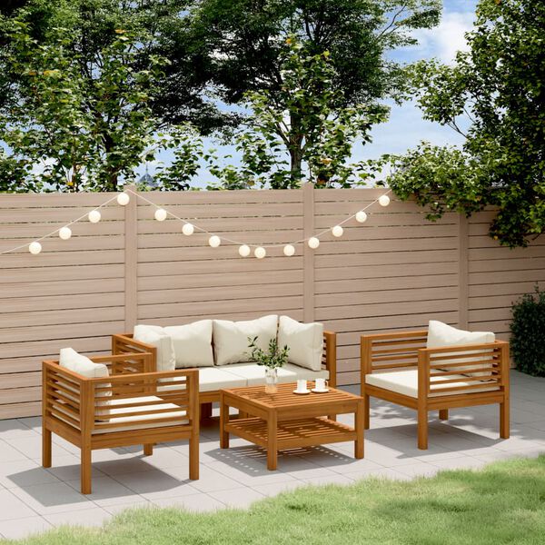 vidaXL 5-tlg. Garten-Lounge-Set mit Creme Kissen Massivholz Akazie