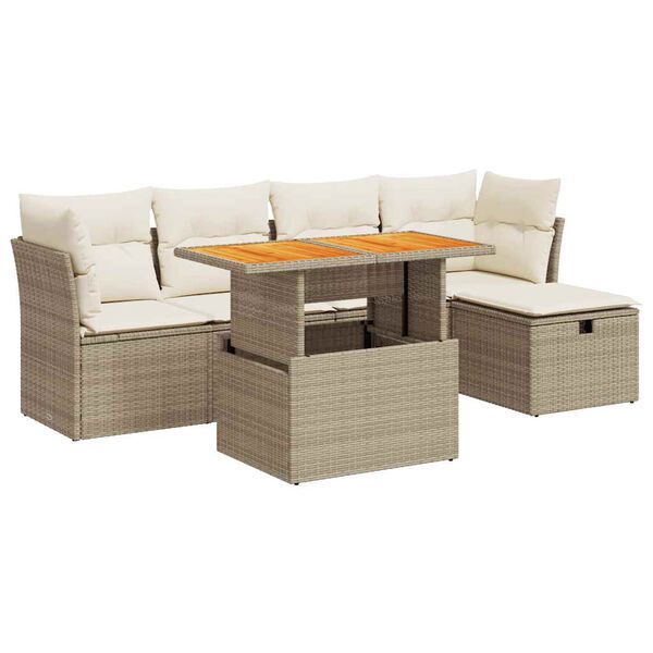 vidaXL 6-tlg. Garten-Sofagarnitur mit Kissen Beige Poly Rattan Akazie