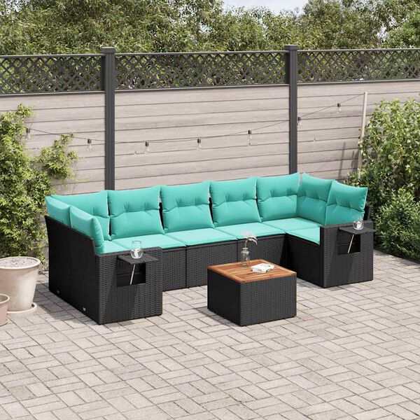 vidaXL 8-teiliges Gartensofa-Set mit Kissen, schwarzes Polyrattan