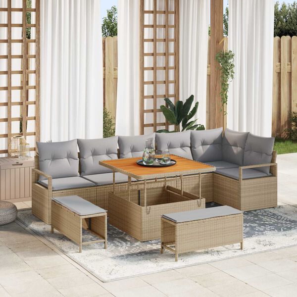 vidaXL Garten-Sofa-Set mit Kissen 9 pcs Beige Poly Rattan