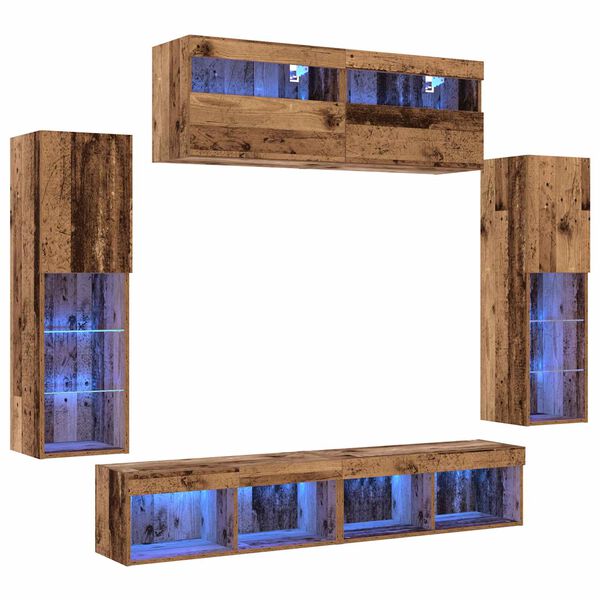 vidaXL TV-Schrankset mit LED-Lichtleisten 6 pcs Altholz Holzwerkstoff