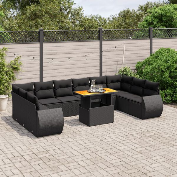 vidaXL 11-tlg. Garten-Sofagarnitur mit Kissen Schwarz Poly Rattan
