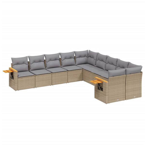 vidaXL 10-tlg. Garten-Sofagarnitur mit Kissen Beige Poly Rattan